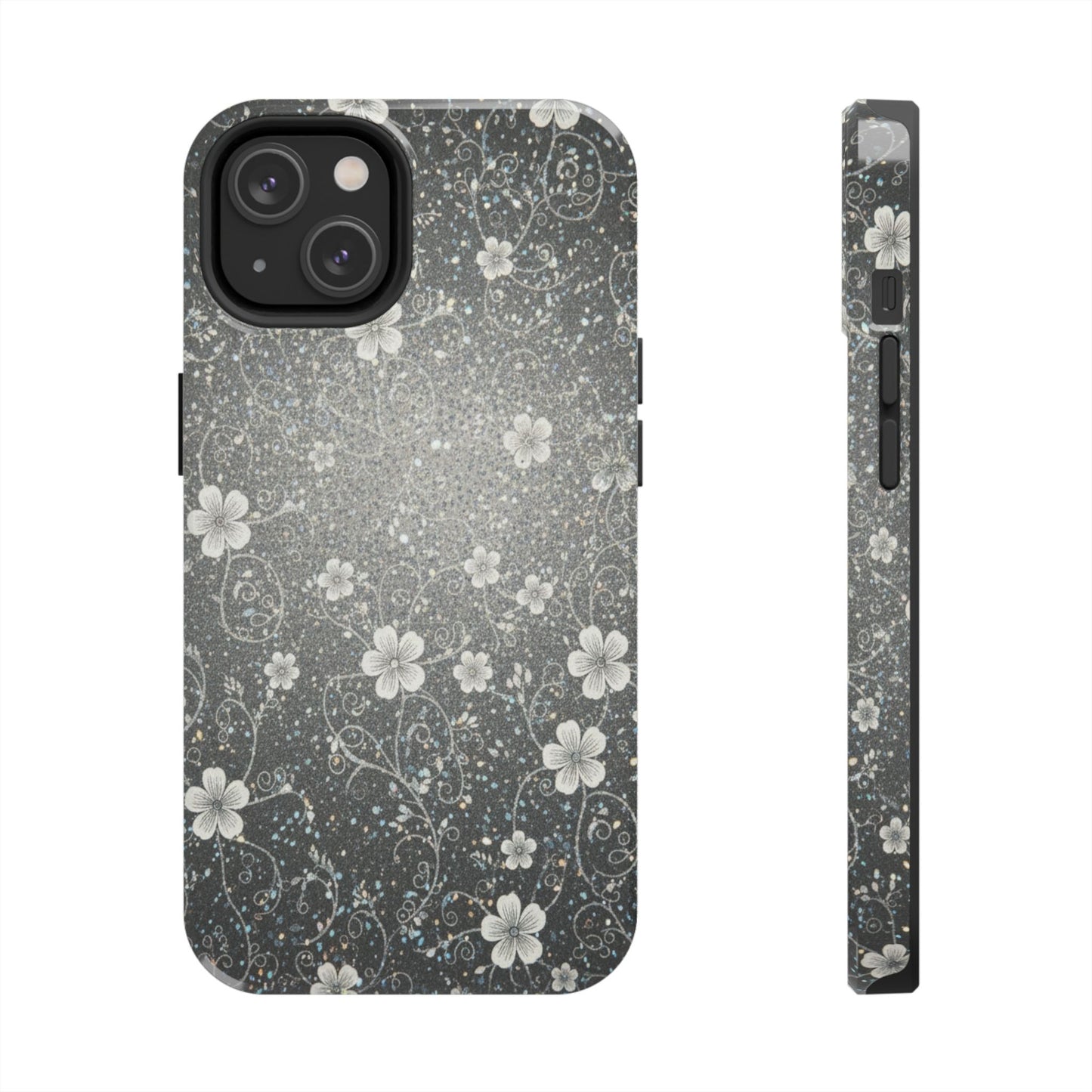 Floral Sparkle Tough Phone Case — Black & Silver Vintage Blossom