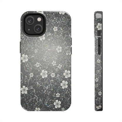 Floral Sparkle Tough Phone Case — Black & Silver Vintage Blossom