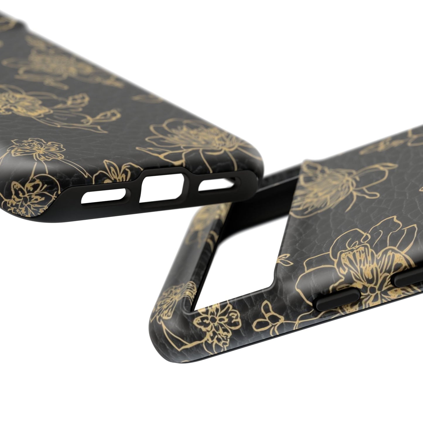 Floral Leather Phone Case — Gold Outline Flowers on Black Tough Case