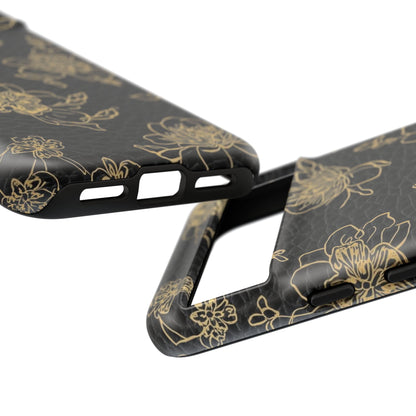 Floral Leather Phone Case — Gold Outline Flowers on Black Tough Case