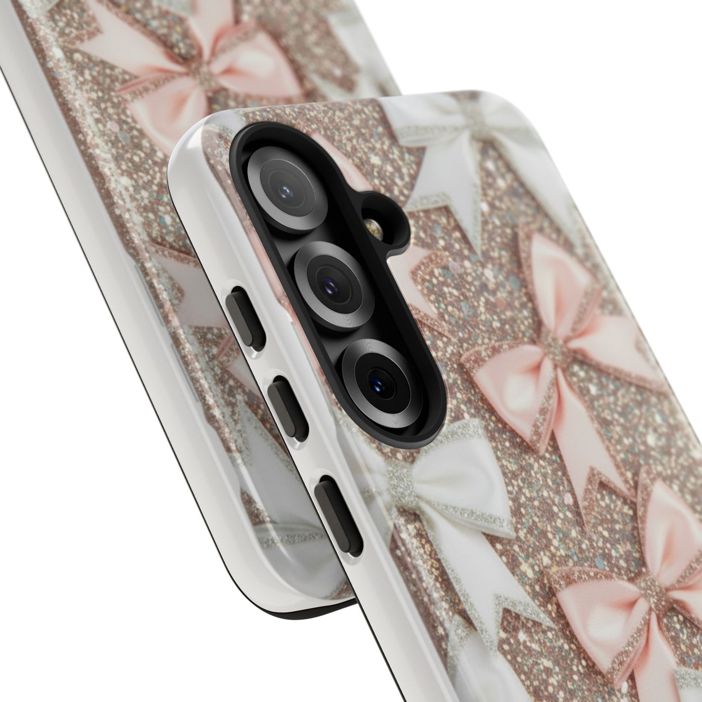 Glitter Bow Tough Phone Case — Pink & White Ribbon Protective Cover