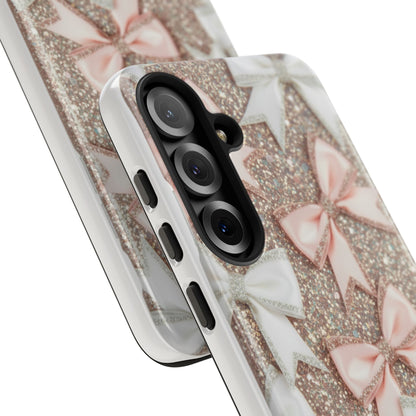 Glitter Bow Tough Phone Case — Pink & White Ribbon Protective Cover