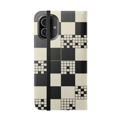 Checkerboard Flip Phone Case – Retro Black & Cream Geometric Wallet Case