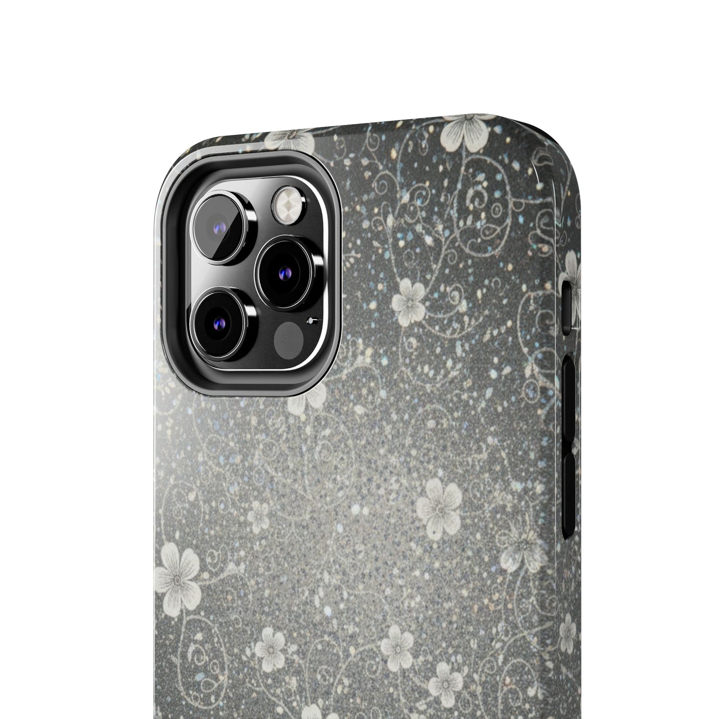 Floral Sparkle Tough Phone Case — Black & Silver Vintage Blossom