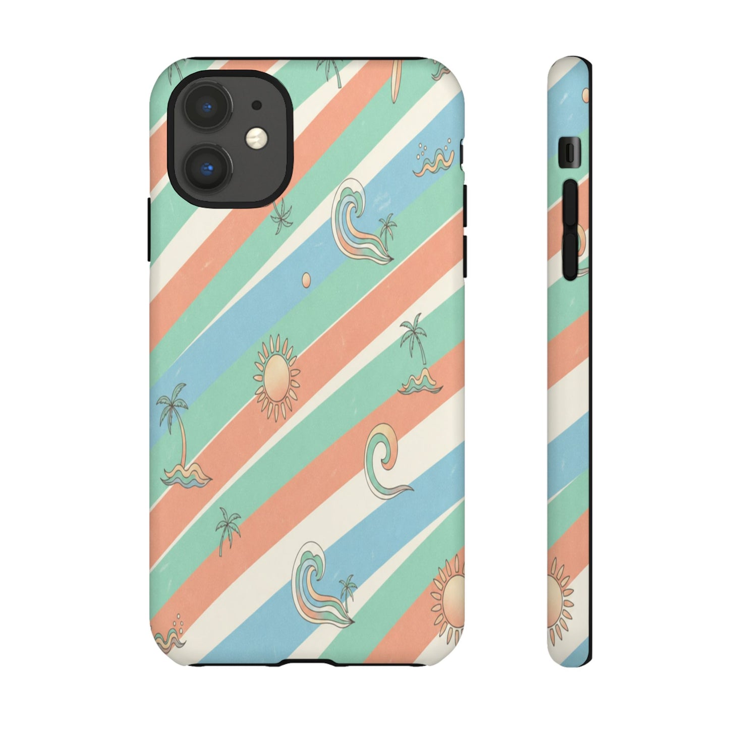 Retro Beach Stripes Phone Case — Sun, Waves & Palm Pattern Tough Case