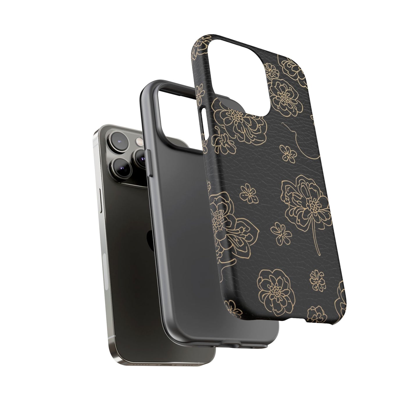 Floral Leather-Texture Tough Case – Black Gold Outline Phone Cover