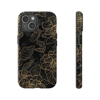 Floral Gold Outline Tough Phone Case – Black Botanical Protective Cover