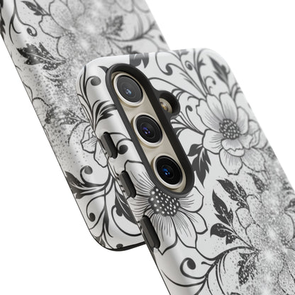 Floral Lace Phone Case — Black & White Vintage Flower Protective Case