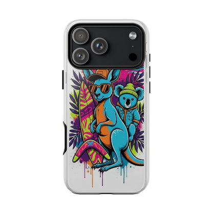 Kangaroo & Koala Surf Phone Case — Retro Neon Beach Art Tough Case