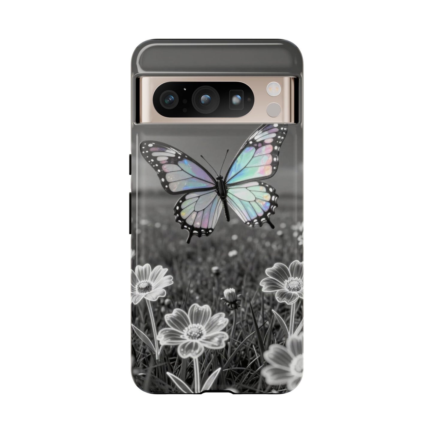 Butterfly Field Tough Phone Case — Pastel Holographic Butterfly on Black & White Floral Background