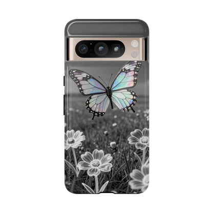 Butterfly Field Tough Phone Case — Pastel Holographic Butterfly on Black & White Floral Background