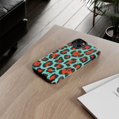 Leopard Print Tough Phone Case — Teal & Rust Protective iPhone Cover