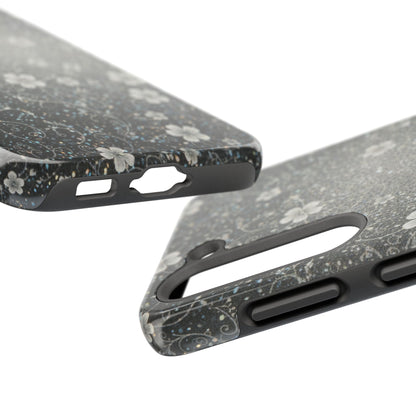 Floral Sparkle Tough Phone Case — Black & Silver Vintage Blossom