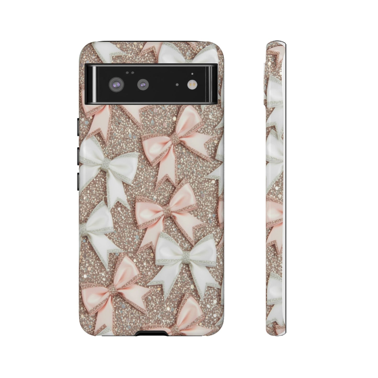 Glitter Bow Tough Phone Case — Pink & White Ribbon Protective Cover