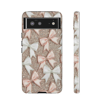 Glitter Bow Tough Phone Case — Pink & White Ribbon Protective Cover
