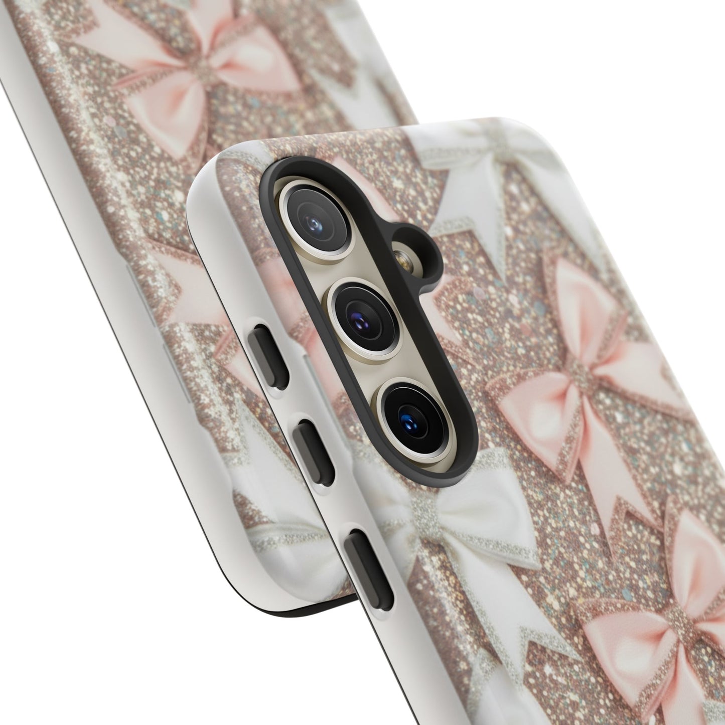 Glitter Bow Tough Phone Case — Pink & White Ribbon Protective Cover