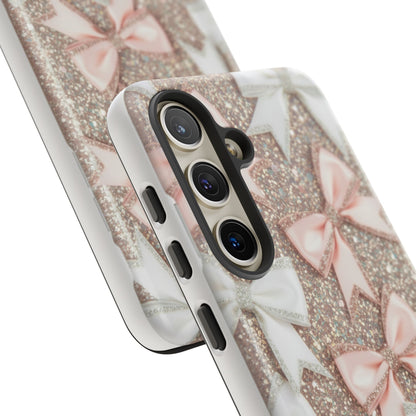 Glitter Bow Tough Phone Case — Pink & White Ribbon Protective Cover