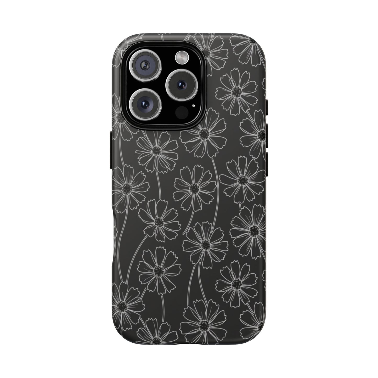 Floral Doodle Tough Phone Case — Black & Gray Daisy Pattern