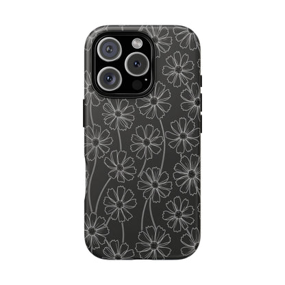 Floral Doodle Tough Phone Case — Black & Gray Daisy Pattern
