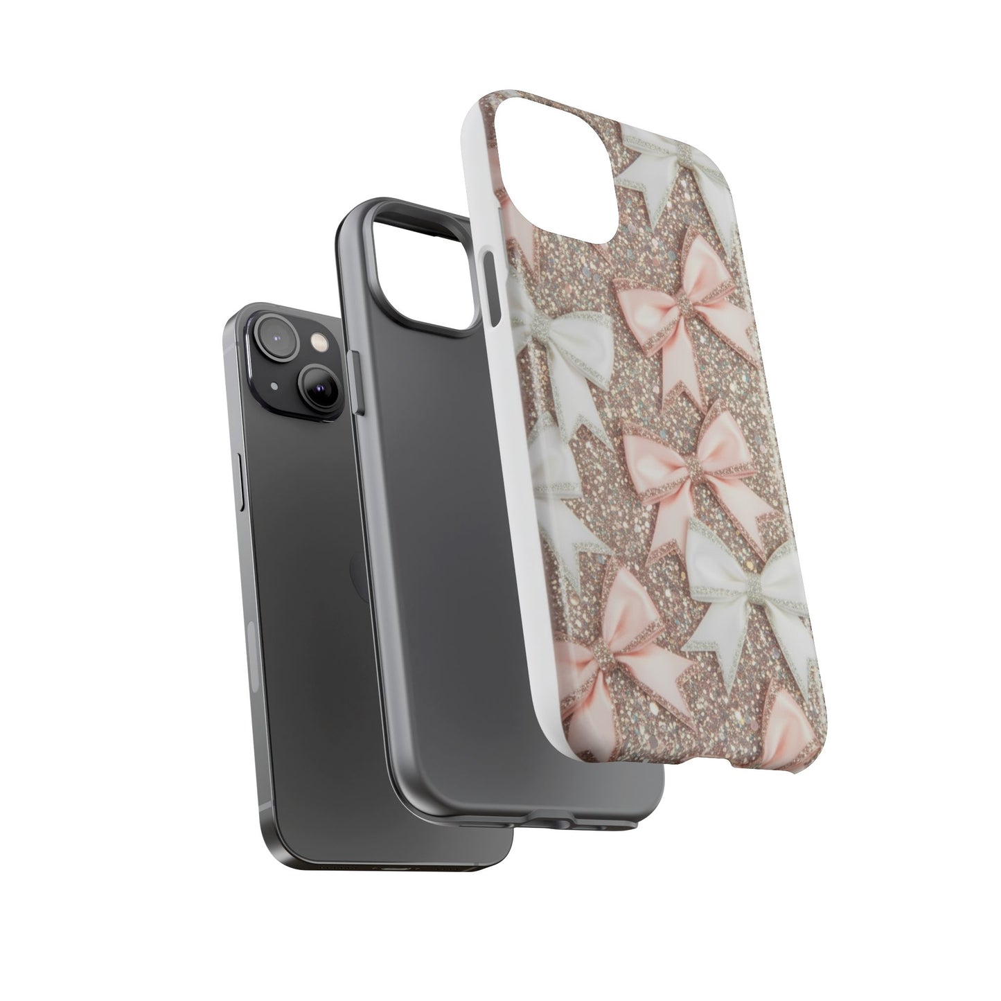 Glitter Bow Tough Phone Case — Pink & White Ribbon Protective Cover