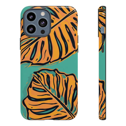 Tropical Leaf Tough Phone Case — Orange Monstera Design on Teal