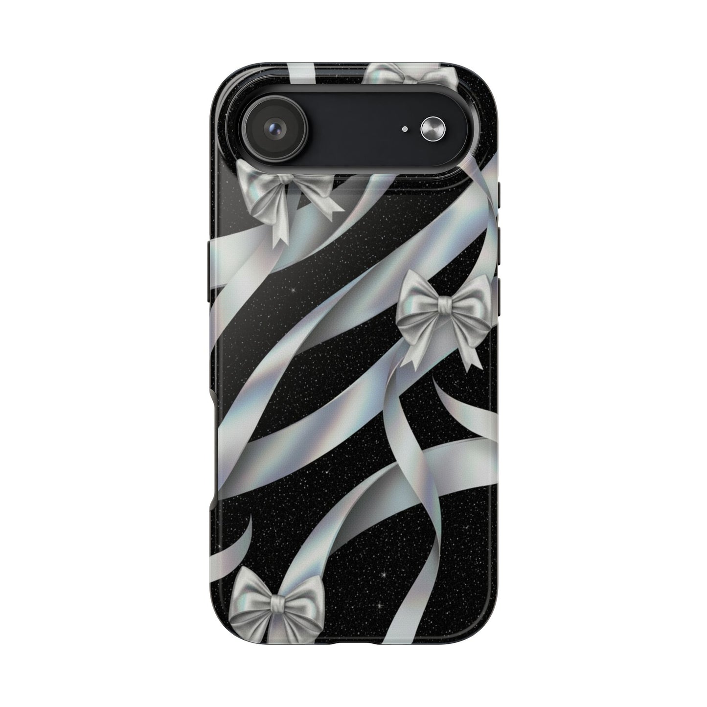 Silver Ribbon Bow Tough Phone Case — Glitter Black Protective Phone Case