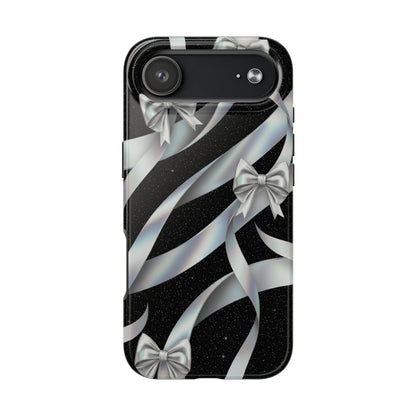 Silver Ribbon Bow Tough Phone Case — Glitter Black Protective Phone Case