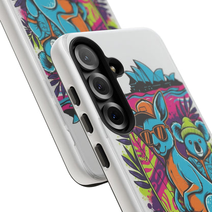 Kangaroo & Koala Surf Phone Case — Retro Neon Beach Art Tough Case