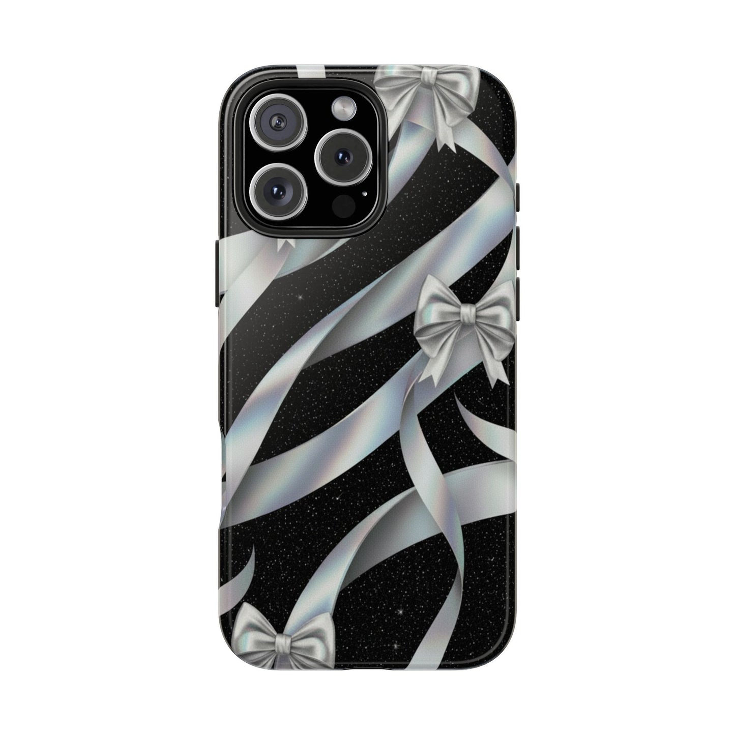 Silver Ribbon Bow Tough Phone Case — Glitter Black Protective Phone Case