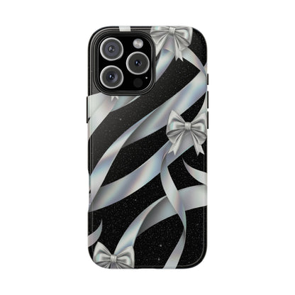 Silver Ribbon Bow Tough Phone Case — Glitter Black Protective Phone Case