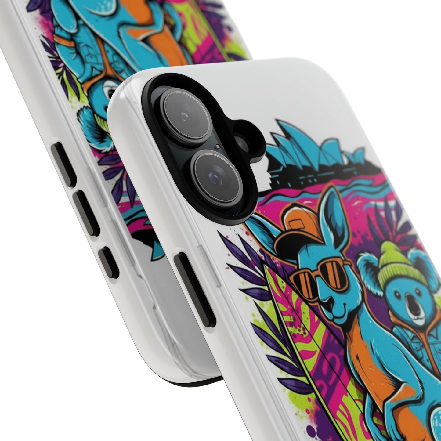 Kangaroo & Koala Surf Phone Case — Retro Neon Beach Art Tough Case