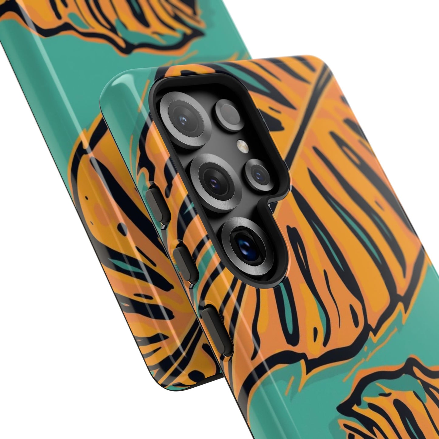 Tropical Leaf Tough Phone Case — Orange Monstera Design on Teal