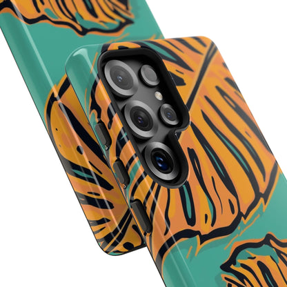 Tropical Leaf Tough Phone Case — Orange Monstera Design on Teal