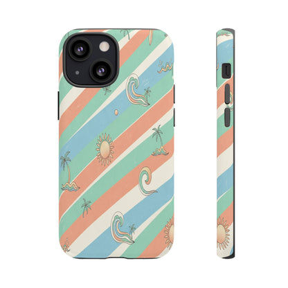 Retro Beach Stripes Phone Case — Sun, Waves & Palm Pattern Tough Case