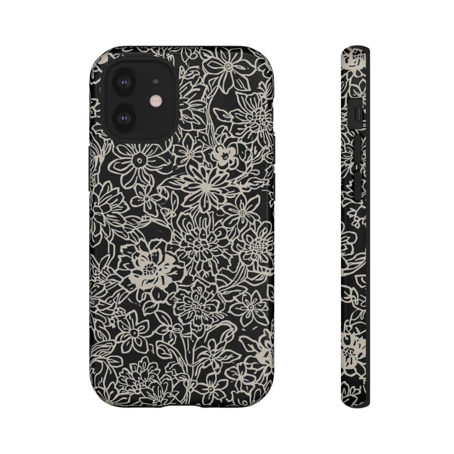 Floral Doodle Tough Phone Case — Black & White Sketch Flower Protective Cover