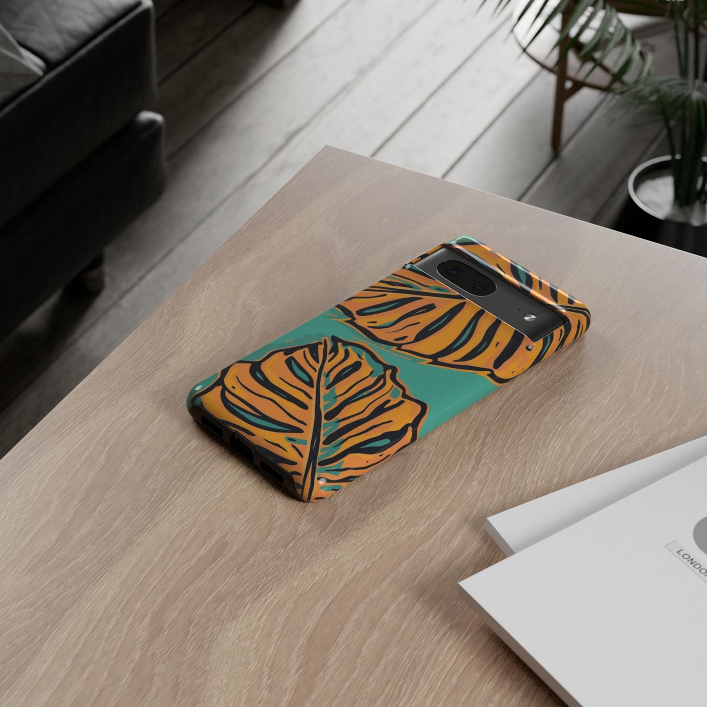 Tropical Leaf Tough Phone Case — Orange Monstera Design on Teal