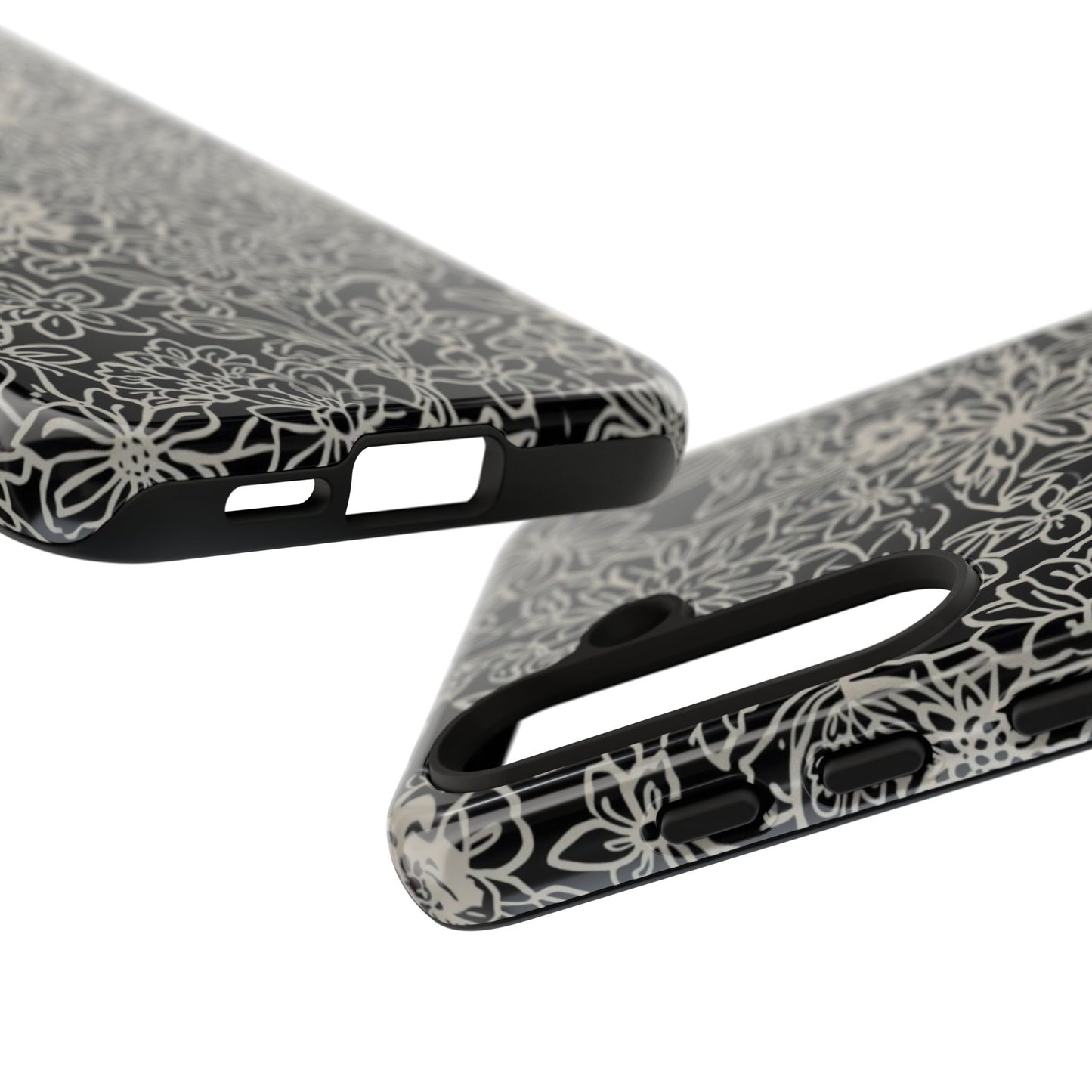 Floral Doodle Tough Phone Case — Black & White Sketch Flower Protective Cover