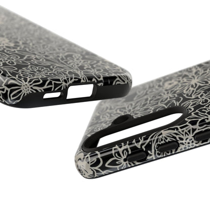 Floral Doodle Tough Phone Case — Black & White Sketch Flower Protective Cover