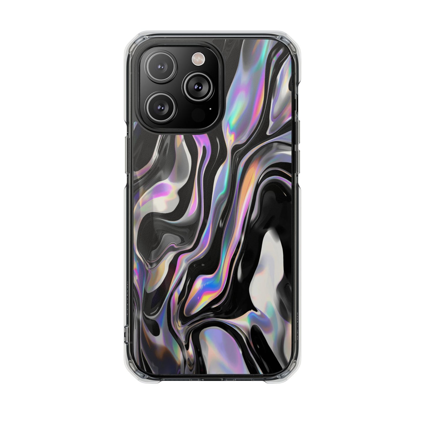 Magnetic Clear Impact Phone Case — Iridescent Black Marble Design