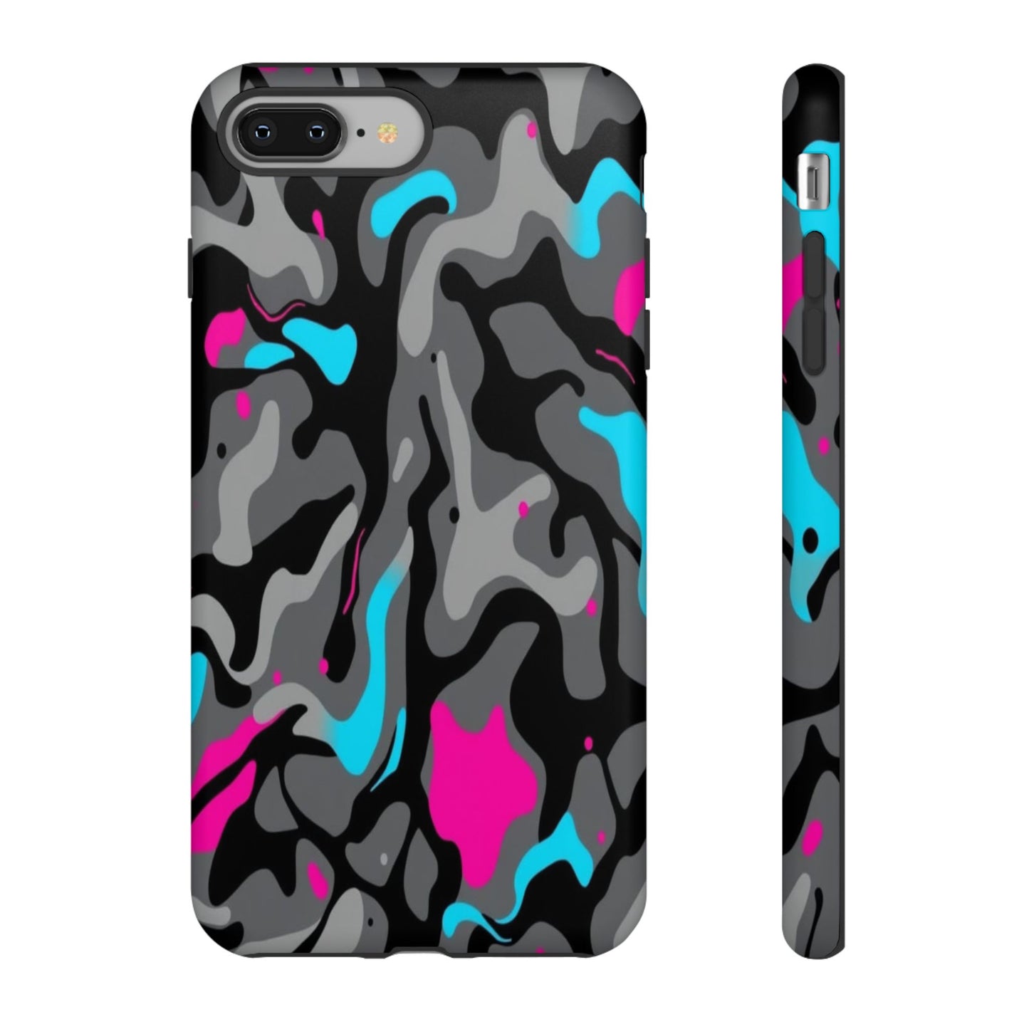 Camouflage Phone Case — Gray Camo with Neon Pink & Cyan Accent Tough Protective Cover
