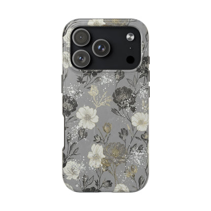 Floral Gray Tough Phone Case — Elegant Protective Phone Cover with Gold Accent