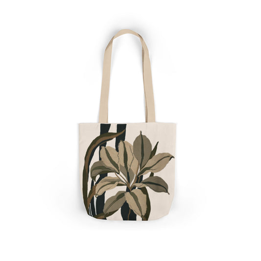 Botanical Stripe Canvas Tote — Neutral Leaf Print Tote Bag