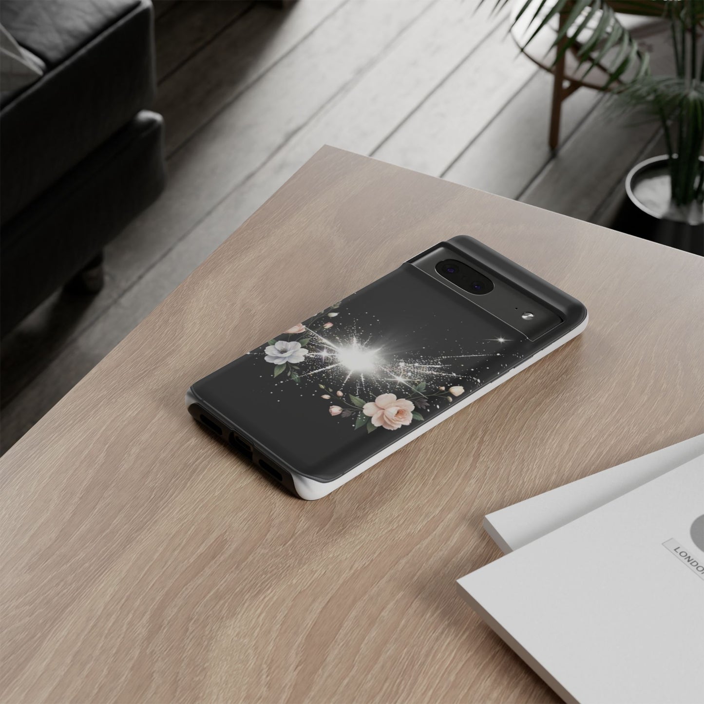 Floral Burst Phone Case — Protective Black Sparkle Design