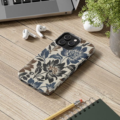 Floral Vintage Tough Phone Case — Blue & Brown Botanical Protection