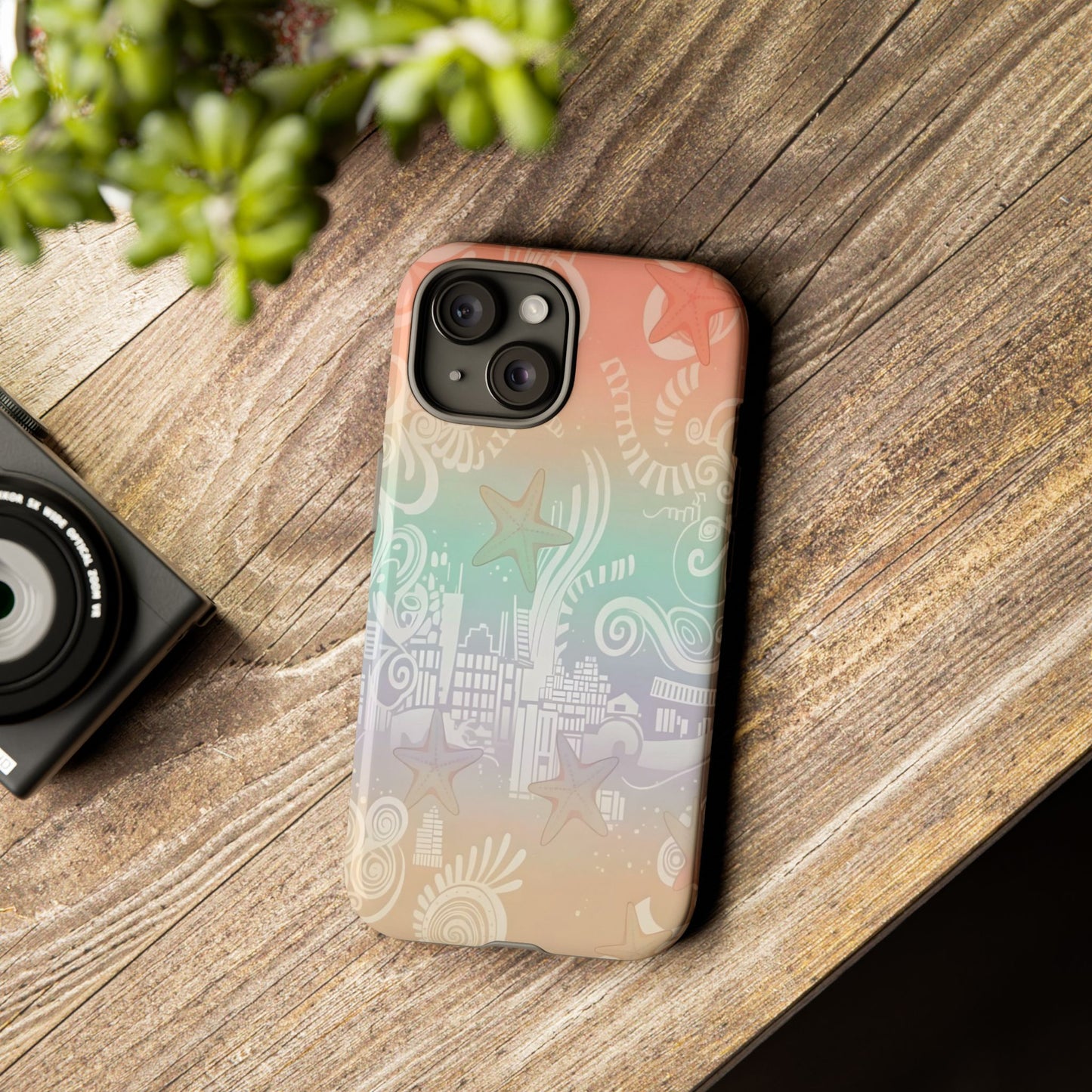 Tough Cases: Pastel Beach Pattern Phone Case — Starfish & Coastal Cityscape Protective Cover