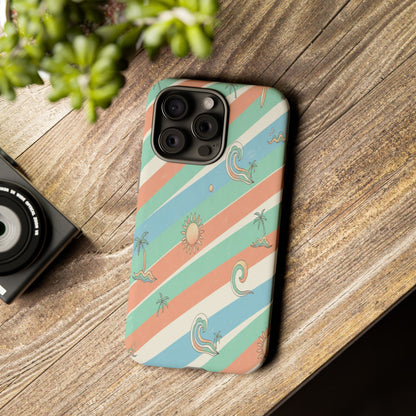 Retro Beach Stripes Phone Case — Sun, Waves & Palm Pattern Tough Case