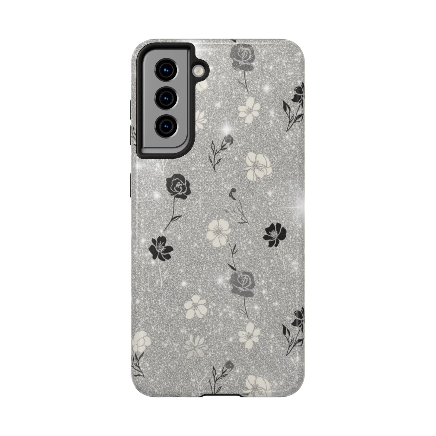 Floral Glitter Tough Phone Case — Black & Silver Vintage Flower Protective Cover