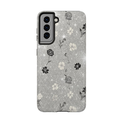 Floral Glitter Tough Phone Case — Black & Silver Vintage Flower Protective Cover