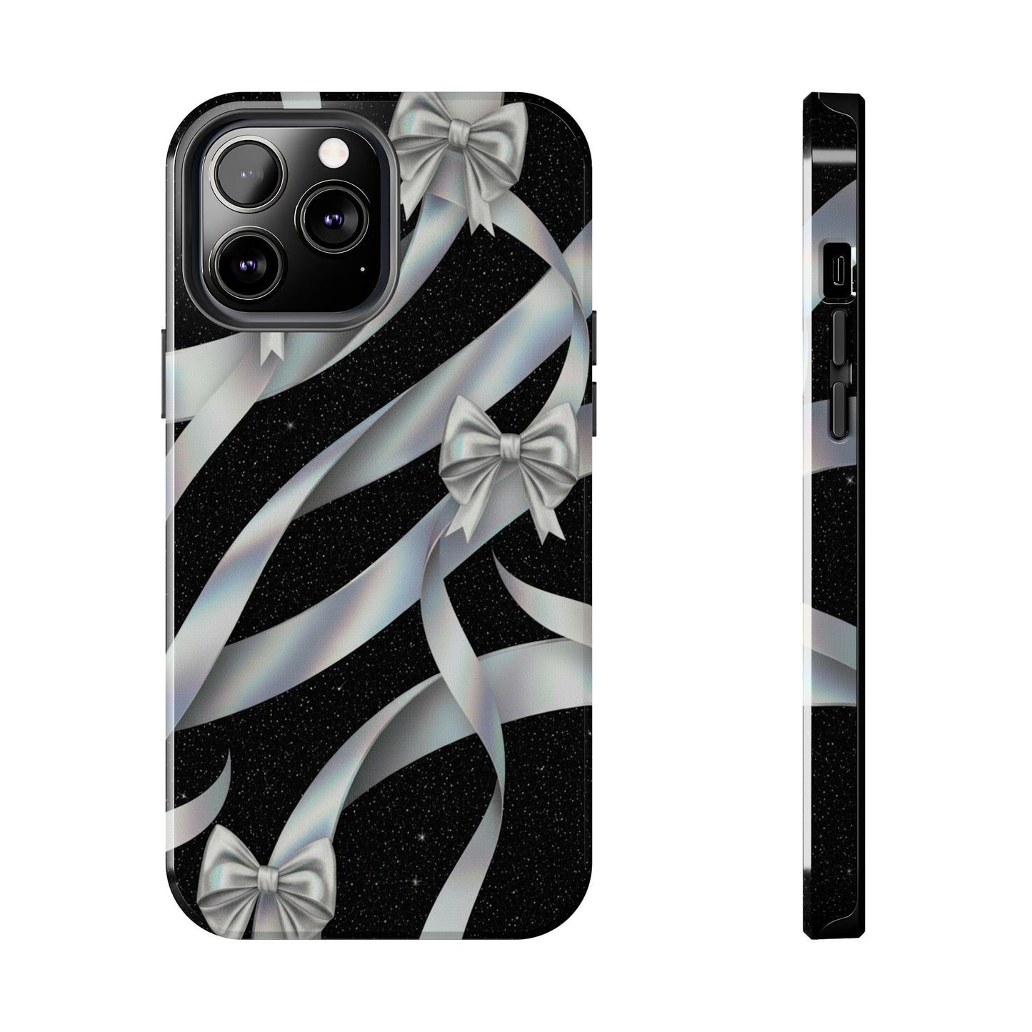 Silver Ribbon Bow Tough Phone Case — Glitter Black Protective Phone Case