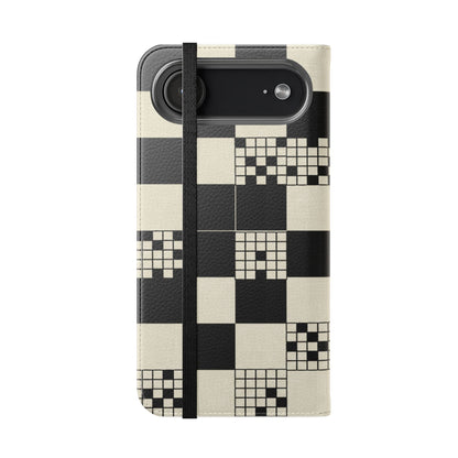 Checkerboard Flip Phone Case – Retro Black & Cream Geometric Wallet Case